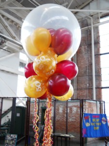 birthday balloons - white, yellow, red