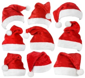 Set of red Santa Claus hats for Santacon