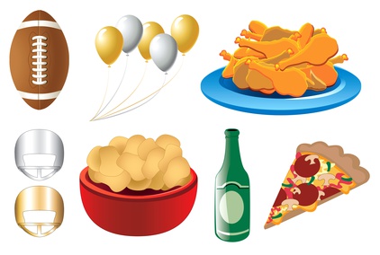 Football helmets balloon beer wings pizza for superbowl party