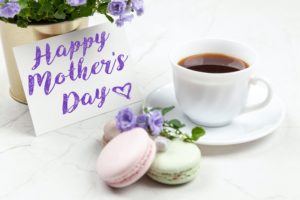 happy mothers day card with tea and macarons